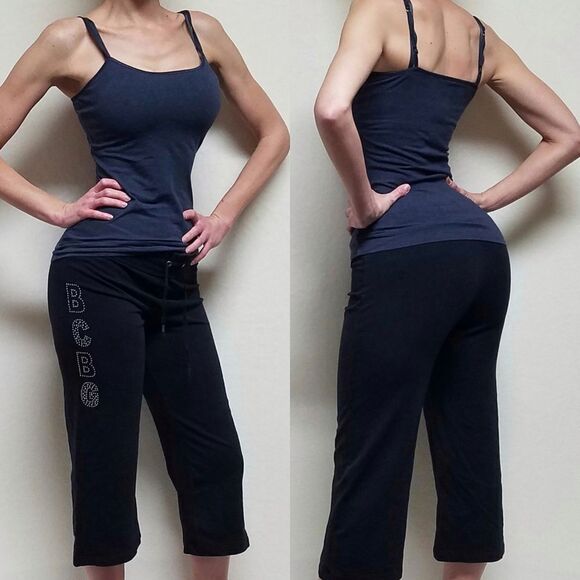 BCBGMAXAZRIA Vintage Retro Y2K  Black Bling Spell Out Cropped Sweatpants XL - Picture 1 of 12